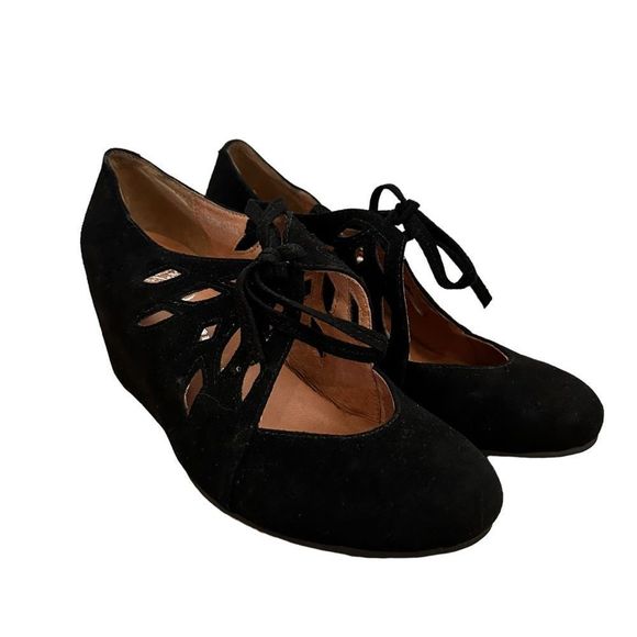 Jeffrey Campbell Shoes - Jeffery Campbell Black Suede Round Toe Lattice Cut Out Wedges Size 6